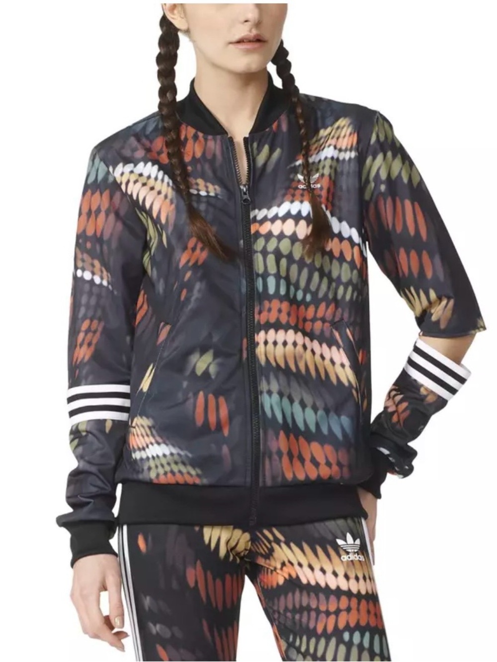 Adidas x Rita Ora Black Bomber cut out Jacket with Multicolor Feather Print, S